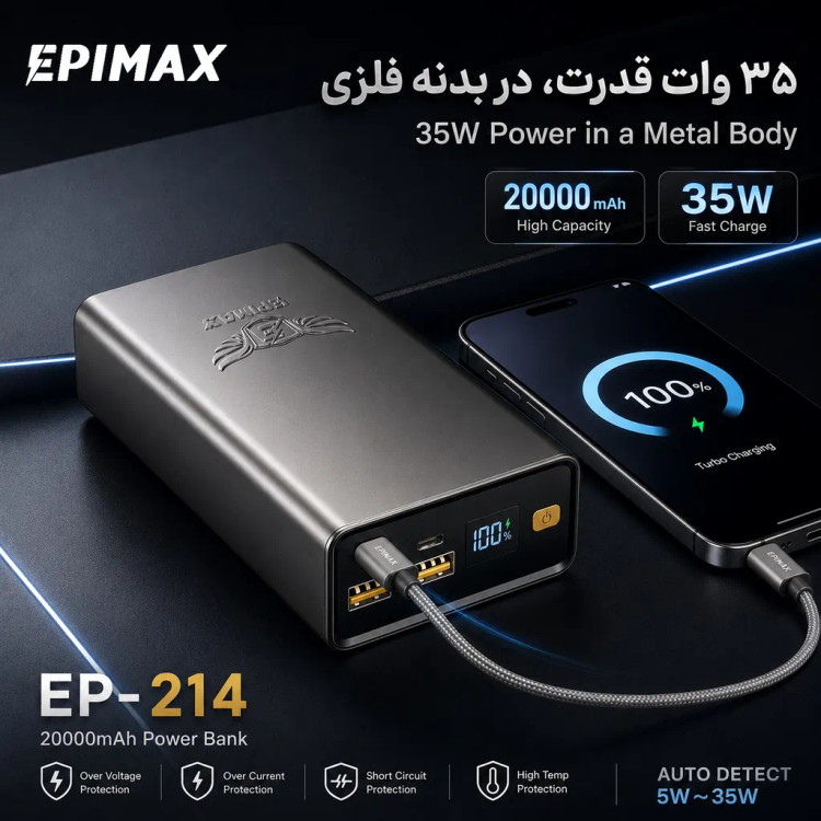 پاوربانک اپیمکس سوپرفست شارژ ۳۵ وات 20000 میلی آمپر EP-214
