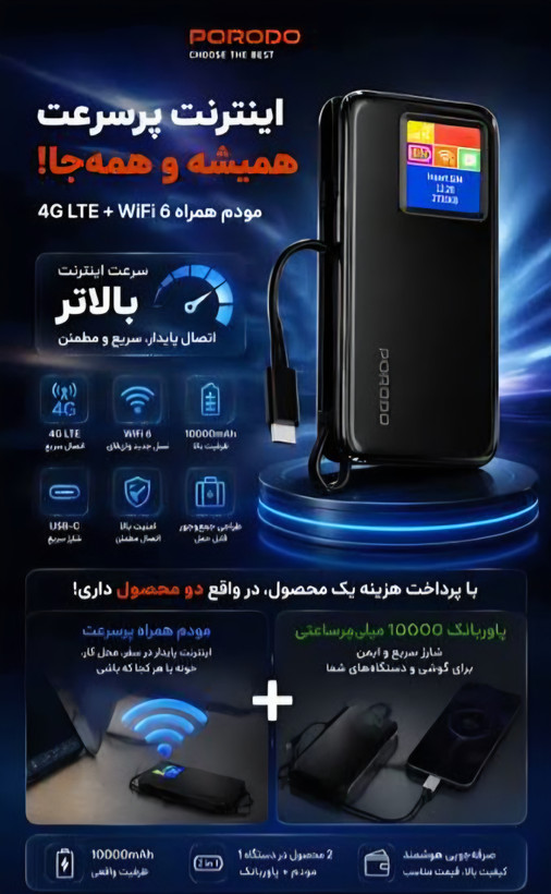 پاوربانک و مودم همراه بیسیم 20 وات پرودو مدل Fhb087 ظرفیت 10000 میلی آمپر ساعت به همراه کابل USB-C