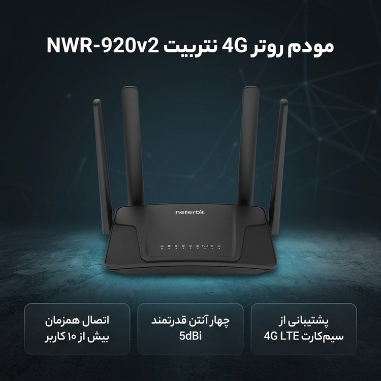 مودم روتر 4G خانگی نتربیت مدل NWR-M920v2 با پشتیبانی سیمکارت LTE/3G، استاندارد IEEE 802.11b/g/n، چهار آنتن 5 دسیبل، فایروال SPI و NAT، اتصال همزمان بیش از 10 کاربر